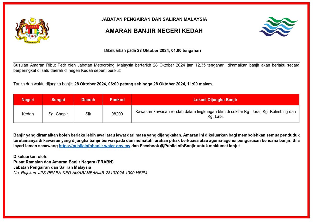 HEBAHAN AMARAN BANJIR NEGERI KEDAH, 28 Oktober 2024 (1.00 tengahari)

#JPSMalaysia
#JayakanPerkhidmatanSempurna