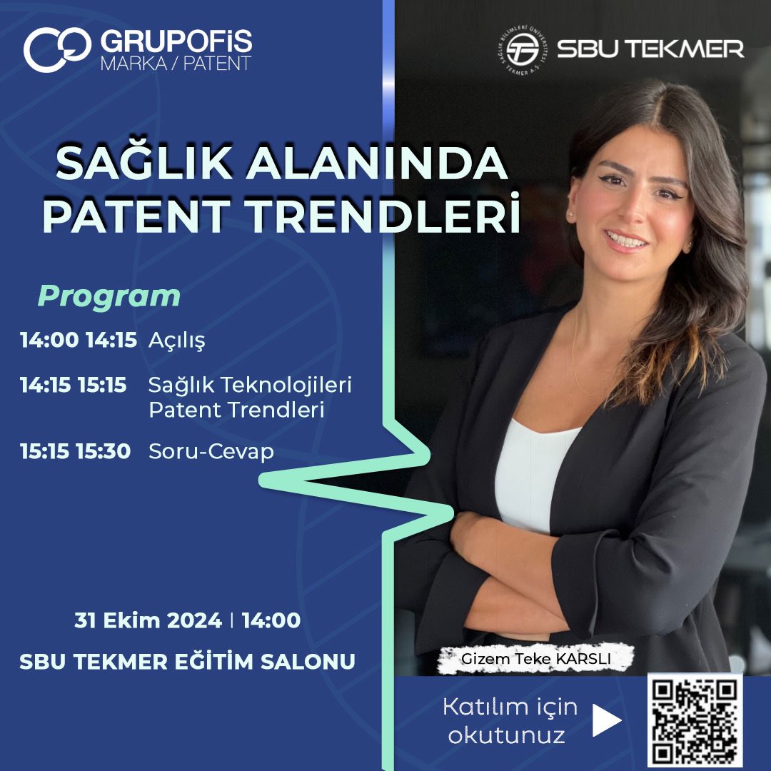 Sağlık Bilimleri Üniversitesi Teknoloji Geliştirme Merkezi (SBÜ TEKMER)’nin düzenlediği eğitimler kapsamında, SAĞLIK ALANINDA PATENT TRENDLERİ eğitimi Grup Ofis partnerlerinden Gizem Teke KARSLI tarafından gerçekleştirilecektir. 

Kayıt 👉 forms.gle/WSPRd2W3chRR1s…