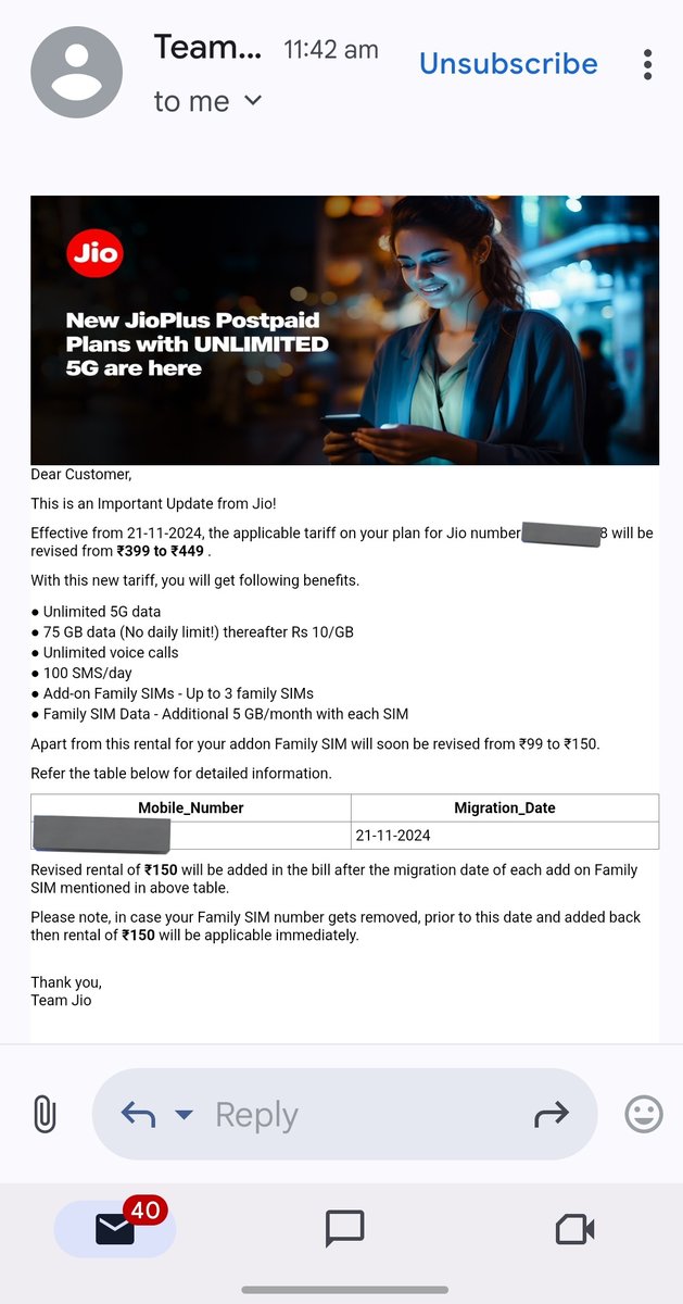 Syam_Bitra's tweet photo. @JioCare while there is news of prepaid packs prices getting reduced. What's the sudden increase in postpaid prices for Jio Postpaid users. This is very unreasonable change. Basically Rs. 200 minimum increase in the bill. https://t.co/wfawCvydCQ