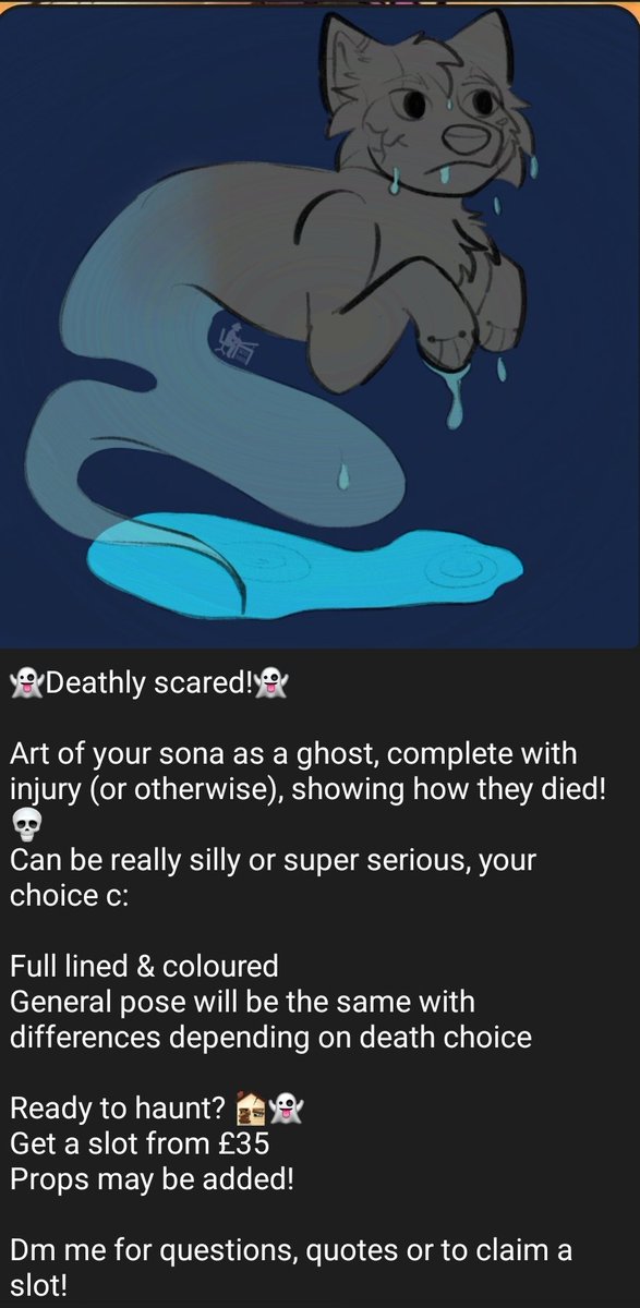 ShotosStudio's tweet photo. Art of your sona as a ghost, complete with injury (or otherwise), showing how they d|ed! 💀
Can be really silly or super serious, your choice c:

Full lined &amp; coloured
General pose will be the same with differences depending on d€ath choice

Ready to haunt? 🏚👻 https://t.co/1zyF62MNTE