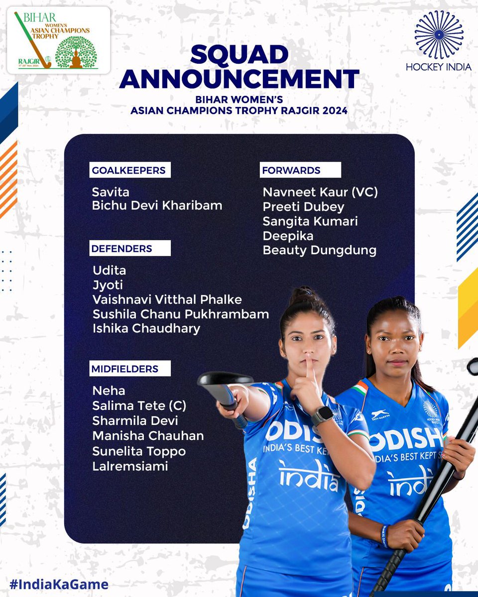 🇮🇳 𝕊𝕢𝕦𝕒𝕕 𝔸𝕟𝕟𝕠𝕦𝕟𝕔𝕖𝕞𝕖𝕟𝕥 𝔸𝕝𝕖𝕣𝕥!🇮🇳

Presenting the Indian Women’s Hockey Team for the 𝐁𝐢𝐡𝐚𝐫 𝐖𝐨𝐦𝐞𝐧’𝐬 𝐀𝐬𝐢𝐚𝐧 𝐂𝐡𝐚𝐦𝐩𝐢𝐨𝐧𝐬 𝐓𝐫𝐨𝐩𝐡𝐲 𝐑𝐚𝐣𝐠𝐢𝐫 𝟐𝟎𝟐𝟒! With a mix of experience, talent, and youthful energy, our players are ready to