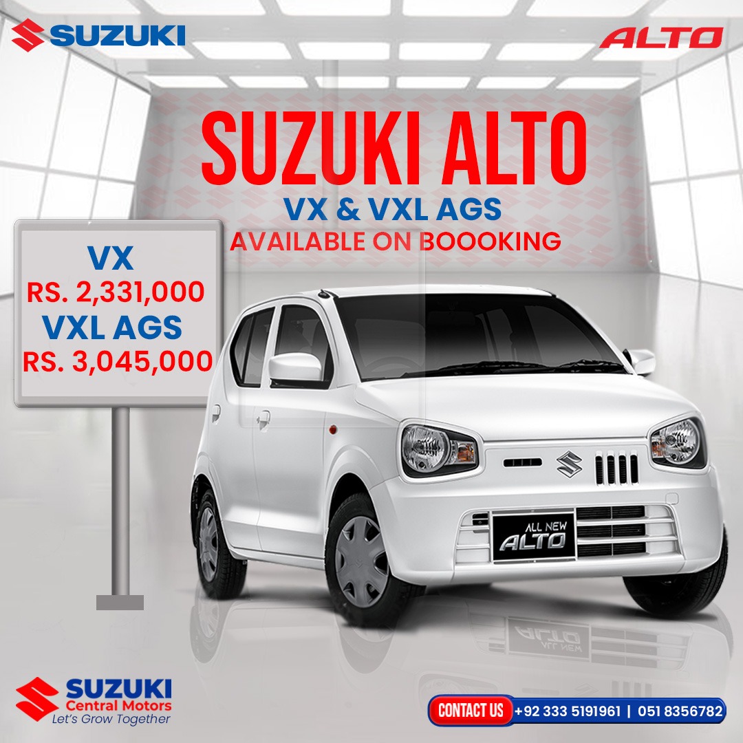 RwpScm's tweet image. Suzuki Central Motors brings you the Suzuki Alto VX &amp;amp; VXL AGS, now available for booking!Enjoy a seamless driving experience with advanced features and exceptional performance

☎+𝟗𝟐 𝟓𝟏 𝟖𝟑𝟓𝟔𝟕𝟖𝟐
📲+𝟗𝟐-𝟑𝟑𝟑-𝟓𝟏𝟗𝟏𝟗𝟔𝟏.

#SuzukiAlto #SuzukiCentralMotors