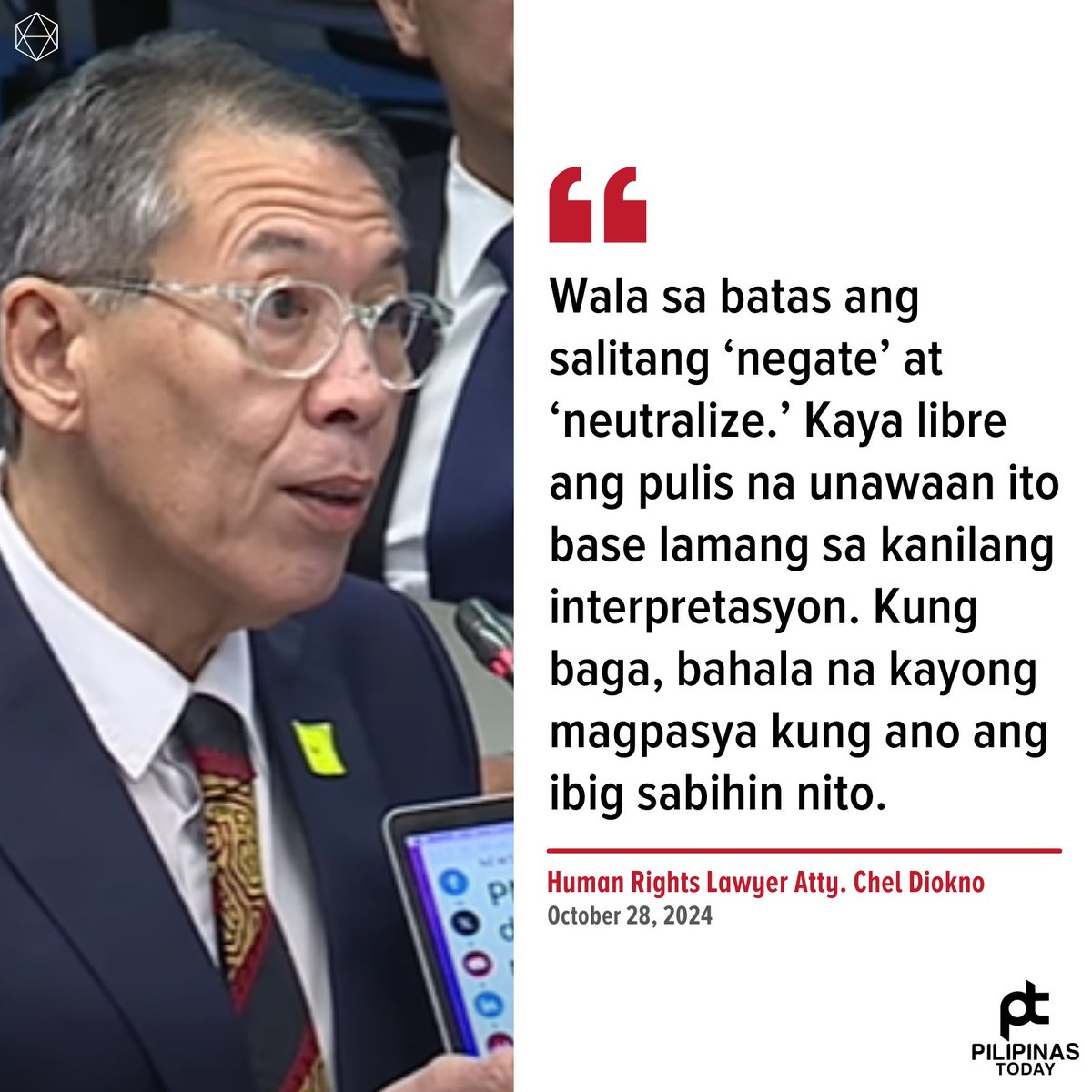 PilipinasToday_'s tweet photo. Inakusahan ni Atty. Chel Diokno ng Free Legal Assistance Group (FLAG) si dating Philippine National Police (PNP) at ngayo’y Senador Ronald ‘Bato’ dela Rosa na may direktang kinalaman diumano sa summary execution ng mga pinaghihinalaang drug personalities noong termino ni dating Pangulong Rodrigo Duterte.
Sa kanyang pagharap sa unang pagdinig ng Senate Blue Ribbon subcommittee ngayong Lunes, Oktubre 28, ginawang basehan ni Diokno ang kopya ng Command Memorandum Circular (CMC) No. 16-2016 na nilagdaan ng noo’y PNP chief Dela Rosa noong Hulyo 1, 2016 na may titulong “Oplan Double Barrel.”
“Ang tanong: ano ang pag-unawa ngpulis s autos na mag-neutralize at mag-negate sila ng mga illegal drug personalities?” ayon kay Diokno.
(Photo courtesy of Senate of the Philippines)
#PilipinasToday
#SenatePH
#ChelDiokno
#BlueRibbon
#EJK
#Duterte
#WarOnDrugs