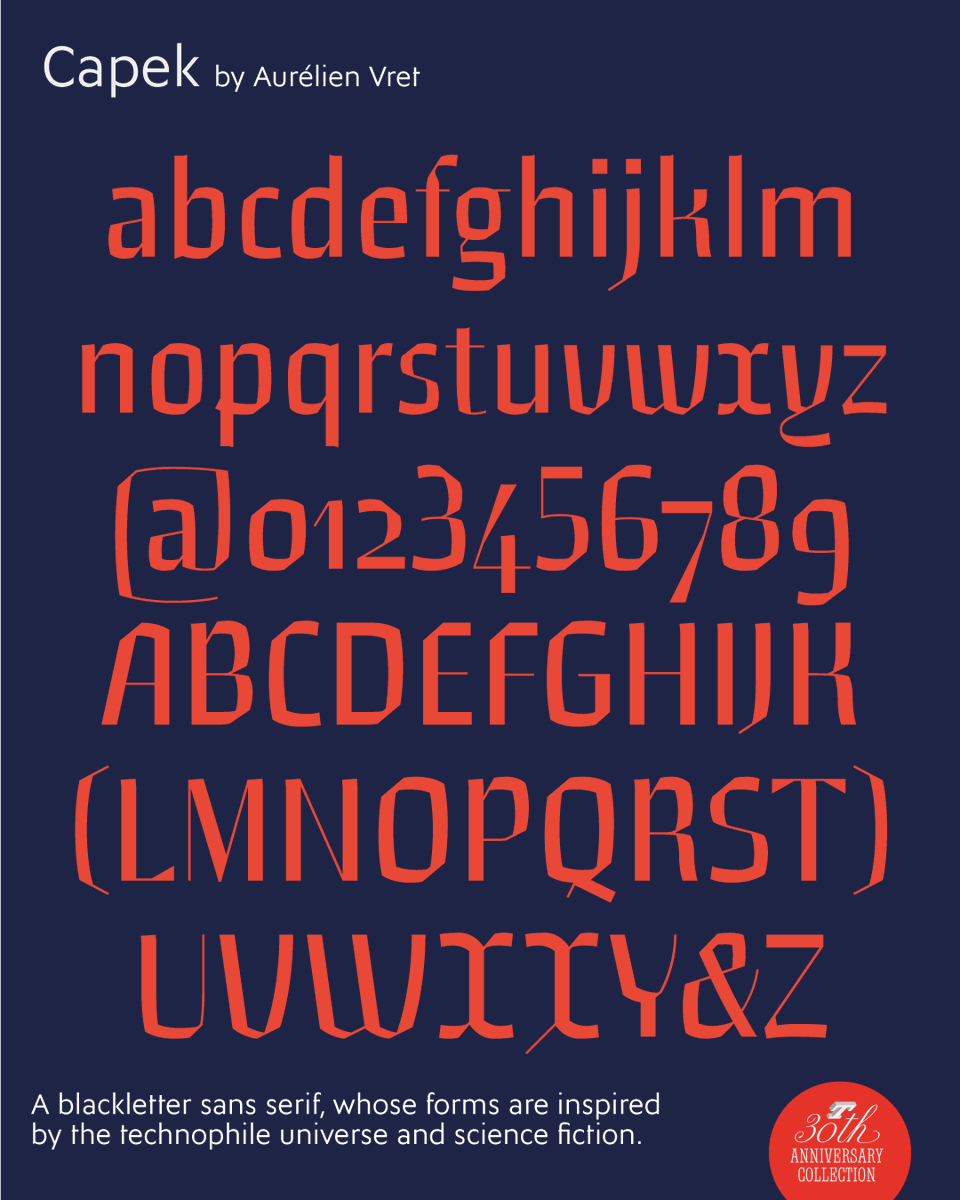 typofonderie's tweet photo. Capek – part of the five new typefaces designed for the Typofonderie 30th Anniversary – is a blackletter sans serif, whose forms are inspired by the technophile universe and science fiction.

➽ https://t.co/FM54KaCG1s
By @aurelien_vret https://t.co/zdWJgLtQKU
