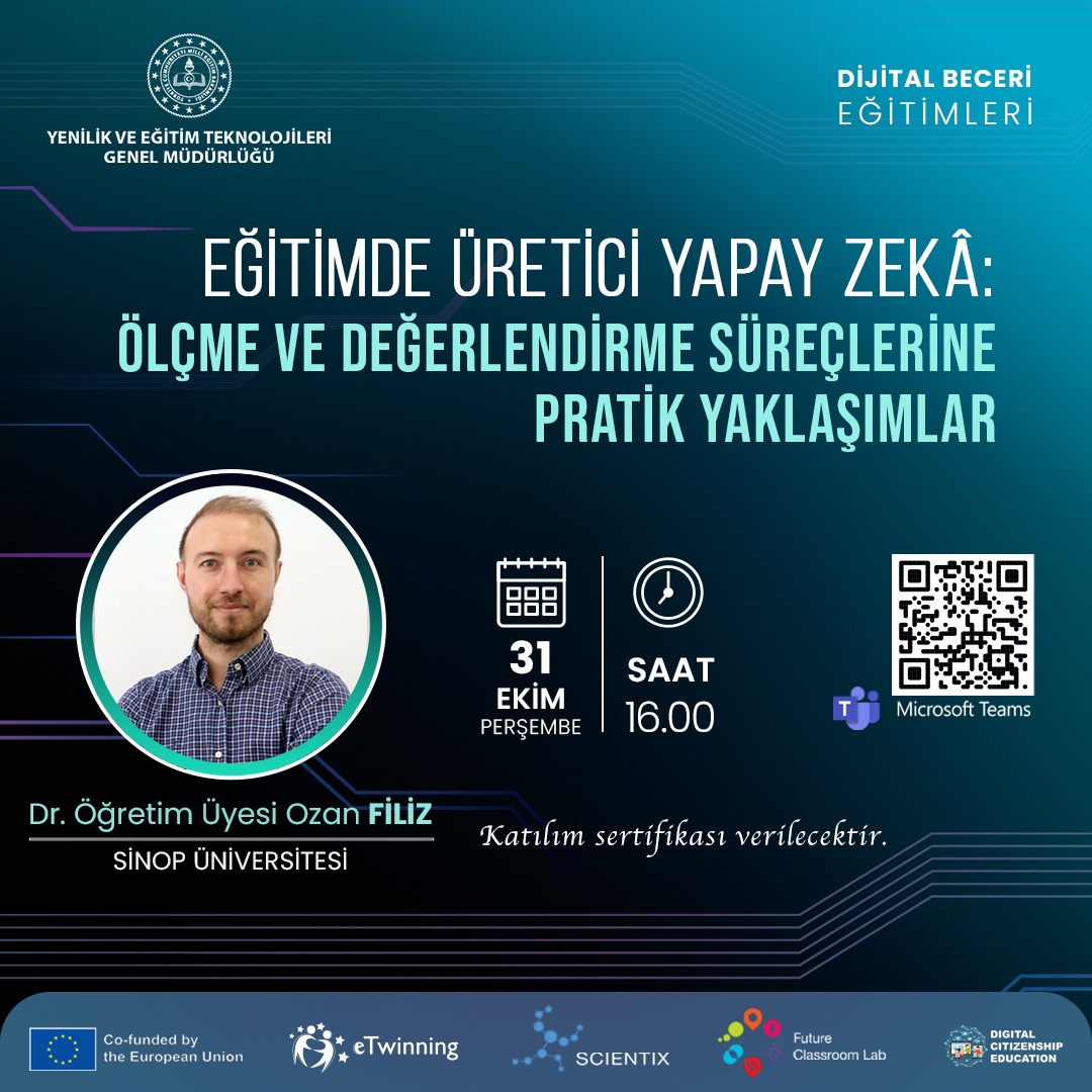 mebyegitek's tweet photo. 📢  Çevrim İçi Eğitimlerimiz ve Atölyelerimiz Devam Ediyor

📌 Eğitim: “Eğitimde Üretici Yapay Zekâ: Ölçme ve Değerlendirme Süreçlerine Pratik Yaklaşımlar" 

 🔗 Bağlantı: https://t.co/OuLqyBZoHG
 
 ✅ Toplantı Kimliği: 390 187 473 401
 ✅ Geçiş Kodu: KJesrS https://t.co/aFlSm0XkZa