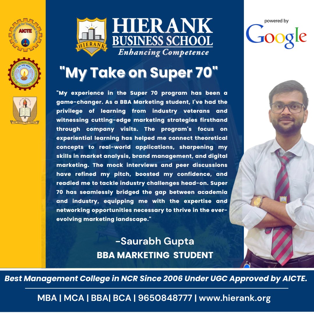 HierankBusiness's tweet photo. "Meet Saurabh Gupta, our dedicated BBA marketing! 🚀 His journey in the Super 70 program has been transformative building his confidence and insights. Excited to see where his talents take him! #Super70 #BBA #Hierank #Super70
#BBA
#Hierank
#StudentSuccess
#CareerGrowth
#marketing https://t.co/steN18LcWY