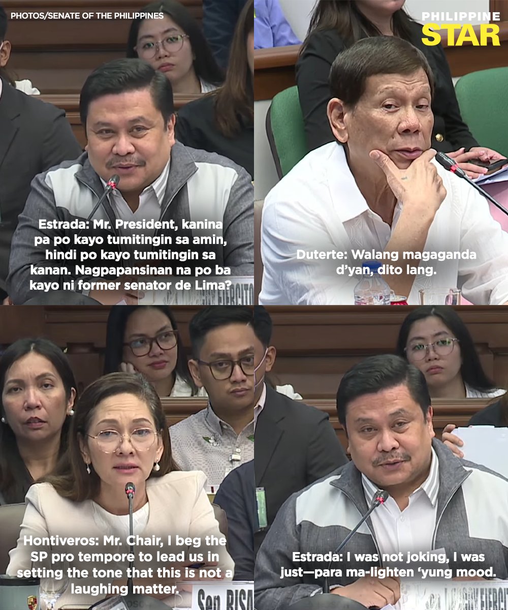PhilippineStar's tweet image. ‘THIS IS NOT A LAUGHING MATTER’

Tension arose during the Senate hearing after Senator Jinggoy Estrada made a remark and was called out by Senator Risa Hontiveros.

Estrada humorously asked former president Rodrigo Duterte, “Mr. President, kanina pa po kayo tumitingin sa amin,…