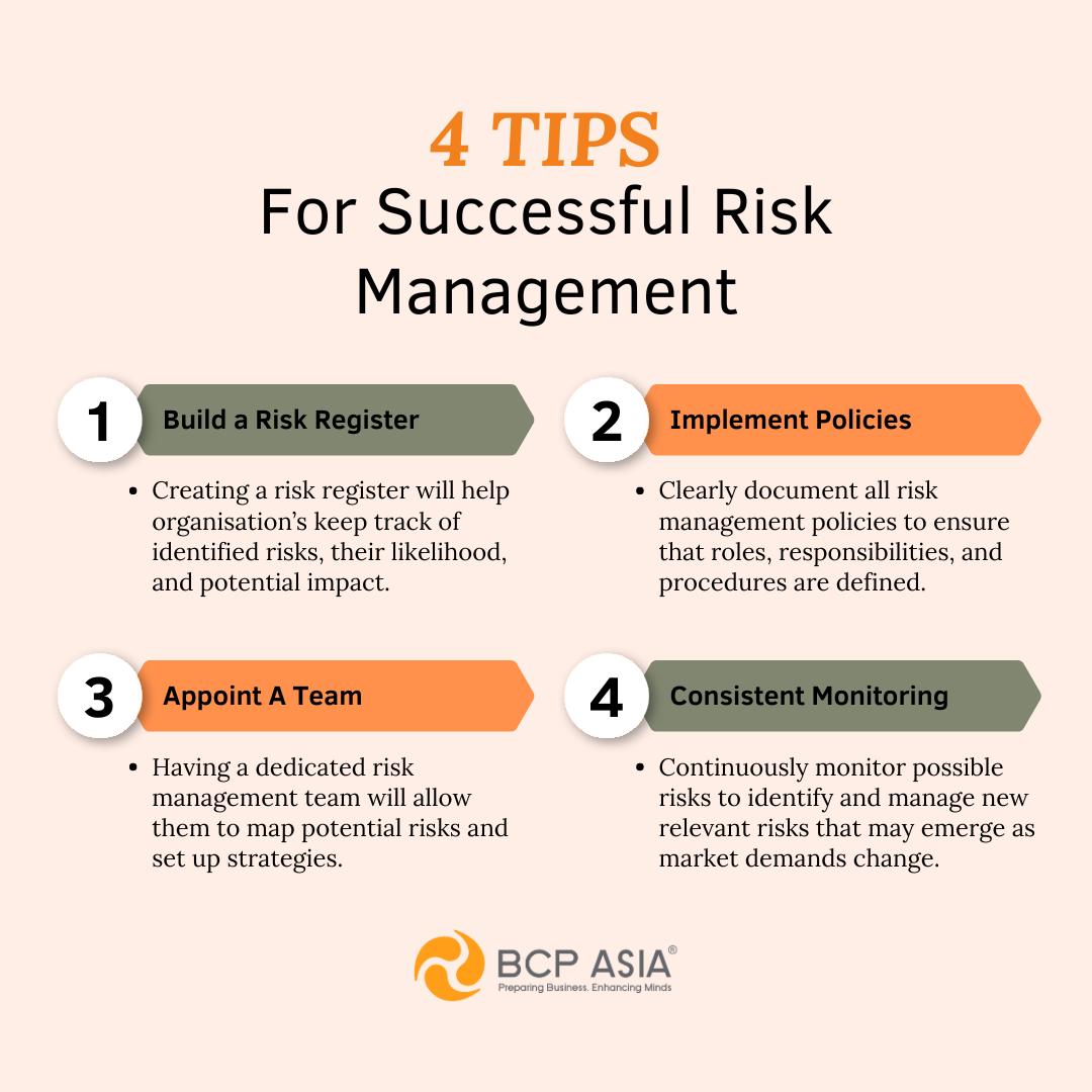 BCPAsia's tweet photo. Want to strengthen your risk management strategy? Check out our 4 must know tips!

But these are just the tip of the iceberg for effective risk management. Speak to us and set yourself up for success!

Visit https://t.co/Mbt1Y0ekxh to learn more

#bcp #erm https://t.co/6qtMgHmjAq
