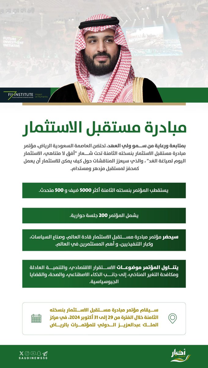 برعاية واهتمام من #ولي_العهد..

غدًا الثلاثاء انطلاق مؤتمر #مبادرة_مستقبل_الاستثمار في الرياض، بحضور قادة العالم وصناع السياسات وكبار التنفيذيين.

-