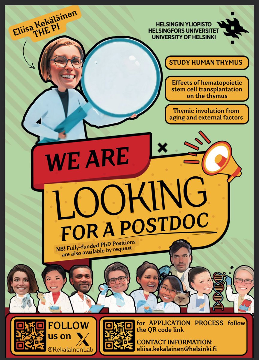 🚀 Exciting opportunity! Eliisa Kekäläinen’s research group at the University of Helsinki is seeking post-docs and PhD candidates for the ERC-funded ProtecTHY project. If you're interested in thymus research, hematopoietic stem cell transplantation, apply now!

ℹ️ More info 👇