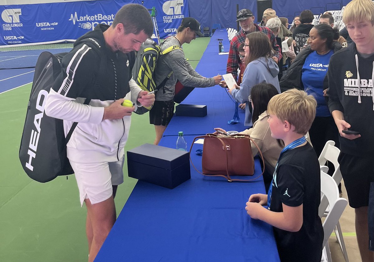 MarketBeat Open tournament director Mark Vellek after (Q) Borna Gojo defeated Univ. of Arizona senior (WC) Colton Smith 6-1, 7-5 in the 1st professional tennis singles final in the state of South Dakota. Both finalists met with fans afterwards before leaving for Charlottesville.