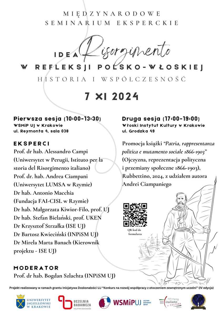 Zapraszamy do udziału w seminarium ‘Idea Risorgimento w refleksji polsko-włoskiej – historia i współczesność’, organizowanym przez grupę badawczą ‘‘Idea Risorgimento’’ (ID UJ- WSMiP <a href="/JagiellonskiUni/">Uniwersytet Jagielloński</a>) oraz Włoski Instytut Kultury w Krakowie. 

Szczegóły:
facebook.com/events/2540881…