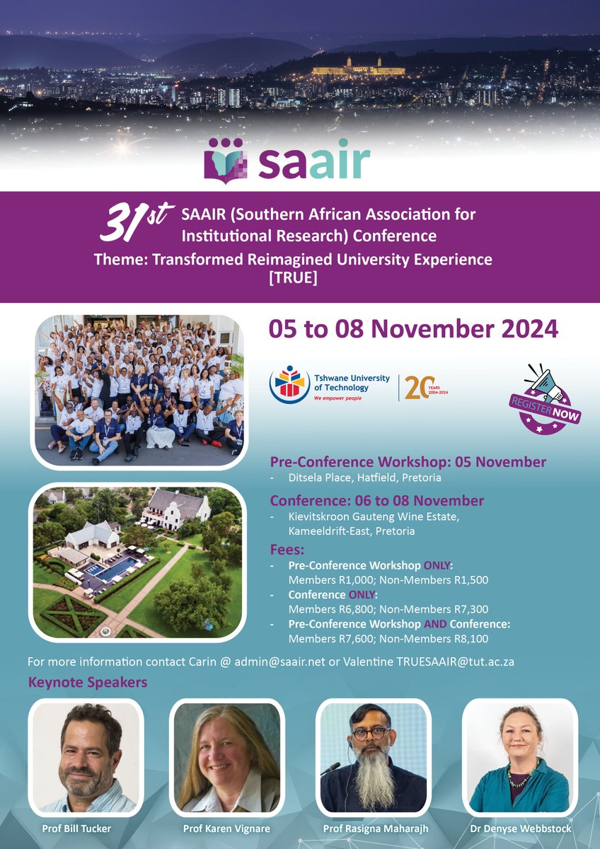 We are counting down to the 2024 31st SAAIR Annual Conference hosted by TUT from the 5th to the 8th of November.

We can't wait to see you in Pretoria next week!

#SAAIRConf2024 #SAAIR30 #HigherEducation #InstitutionalResearch