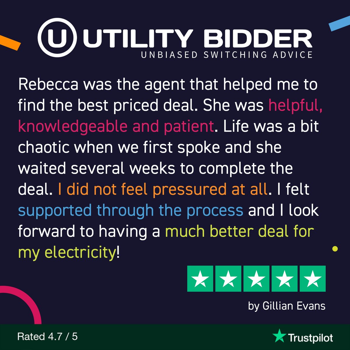 🌟 Thank you, Gillian, for the wonderful 5-star Trustpilot review!

It's fantastic to hear that you felt supported and never pressured throughout the process. We’re so glad you’re looking forward to better savings on your electricity!

#CustomerAppreciation #FiveStars #Trustpilot