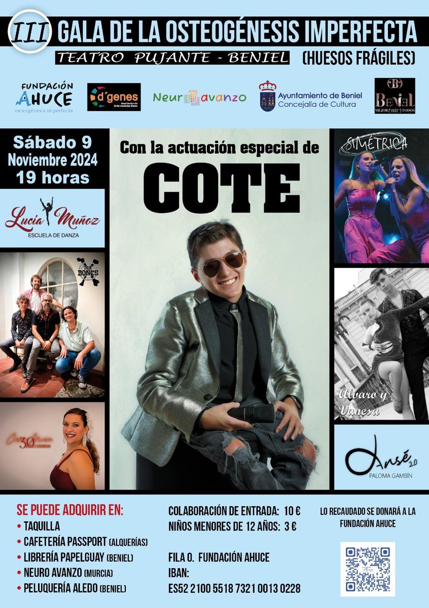 🎪El próximo sábado 9⃣ a las 19h en el teatro de Beniel <a href="/AytoBeniel/">Ayuntamiento Beniel</a> "Gala de la osteogénesis imperfecta🦴".  
Nuestro traumatólogo Cesar Salcedo <a href="/cesalcan/">César Salcedo</a> comprometido dentro y fuera🎸. Para participar puedes asistir o no. Saca entrada en la fila 0⃣ 

Por la investigación <a href="/AHUCE/">AHUCE</a>