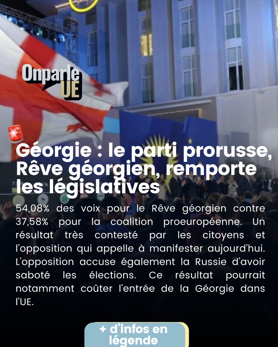 🚨Info dernière minute : le parti pro🇷🇺, Rêve géorgien, remporte les législatives en 🇬🇪

La présidente, Salomé Zourabichvili, figure pro 🇪🇺 qui est en rupture totale avec la politique menée par le gouvernement, dénonce une falsification totale des législatives causée par la 🇷🇺.
