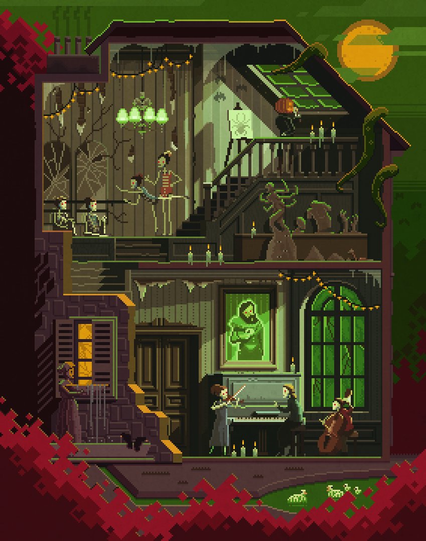 OctaviNavarro's tweet image. Scene #32: &apos;The Art School&apos;. Original vs Halloween Version🎃👻 #pixelart #Spooktober