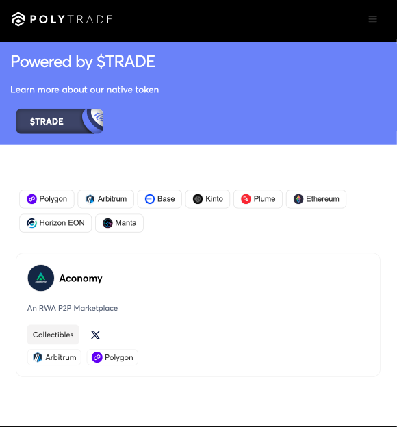 0xAconomy's tweet photo. 🙌Glad to be part of the @polytrade_fin ecosystem!

Aconomy is redefining #RWA trading with its real-world validator ecosystem, ready for next-gen decentralized P2P Marketplace🔄

Check it out: https://t.co/bftHB7l6q8

Together with @polytrade_fin & @polytrade_app, we’re expanding our collaboration to bring you even greater value.

#aconomy #Tokenization #assettokenization
