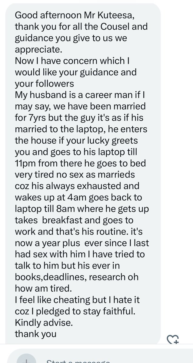 GODFREY_Kutesa's tweet photo. But MEN what’s this nonsense??

I Don’t LIKE THIS!! 

This is unacceptable. How can u starve omukyala wo for one year just in the name of being busy. 

My advice to this young lady is to break that laptop !! 

Cause chaos and make your point. 

The way I see it, something is destroying the sexual urge of modern men today and it’s not a good thing. 

Our Traditional Fathers were never heard of like this!! They were strong men!! Ignoring their wives was never part of the deal. 

BringBackTraditional Masculinity!!