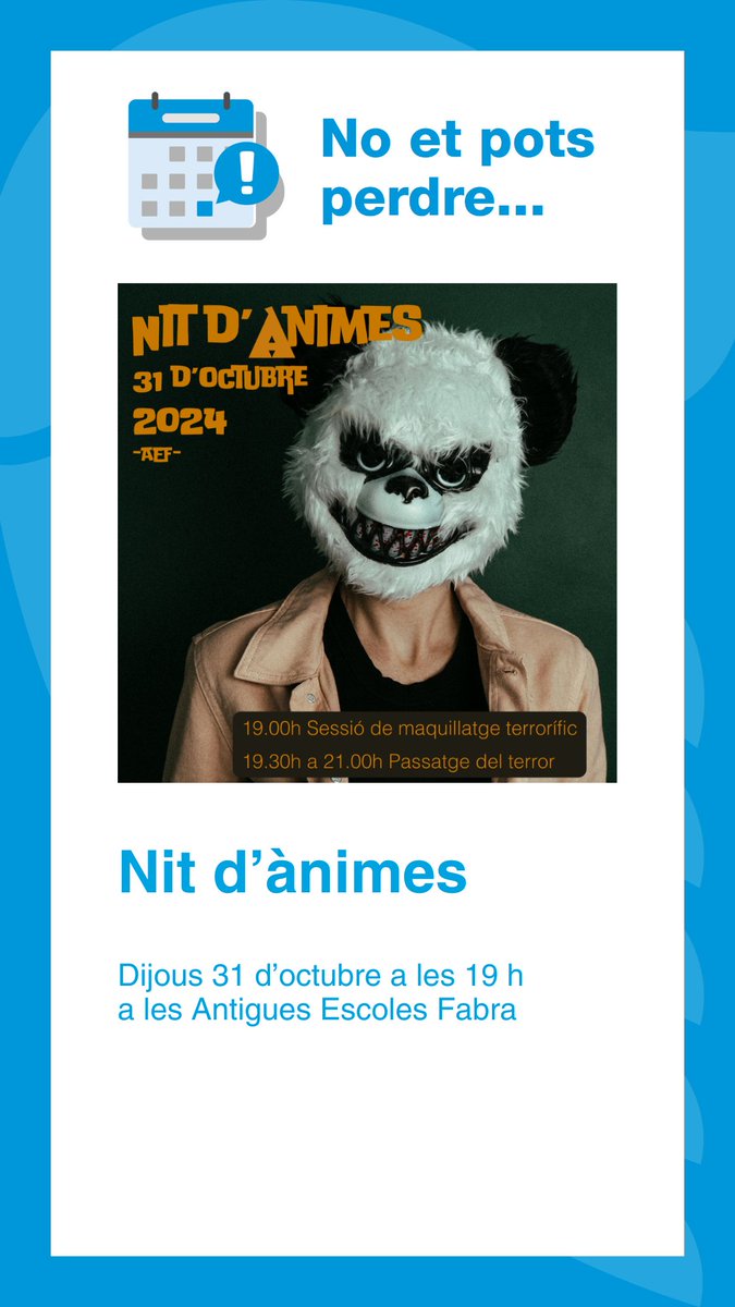 🗓️ AGENDA #Alella #Maresme

🎬 Cinema
📍 28/10 - Espai d'Arts Escèniques

🎬 Cicle Gaudí
📍 29/10 - 19 h - Espai d'Arts Escèniques

📸 Exposició
📍 30/10 - 12 h - <a href="/canmanyearts/">Can Manyé</a>

👻 Nit d'ànimes
📍 31/10 - 19 h - Àgora

ℹ️ Més info: alella.cat/agenda_cultura…