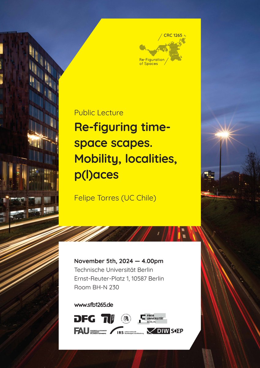 Save the Date! 
Join us at the upcoming lecture: "Re-figuring timespace scapes. Mobility, localities, p(l)aces" by Felipe Torres (UC-Chile). 
🗓️November 5th, 4:00 - 6:00 pm  
📍TU Berlin, BH-N Room 230.
