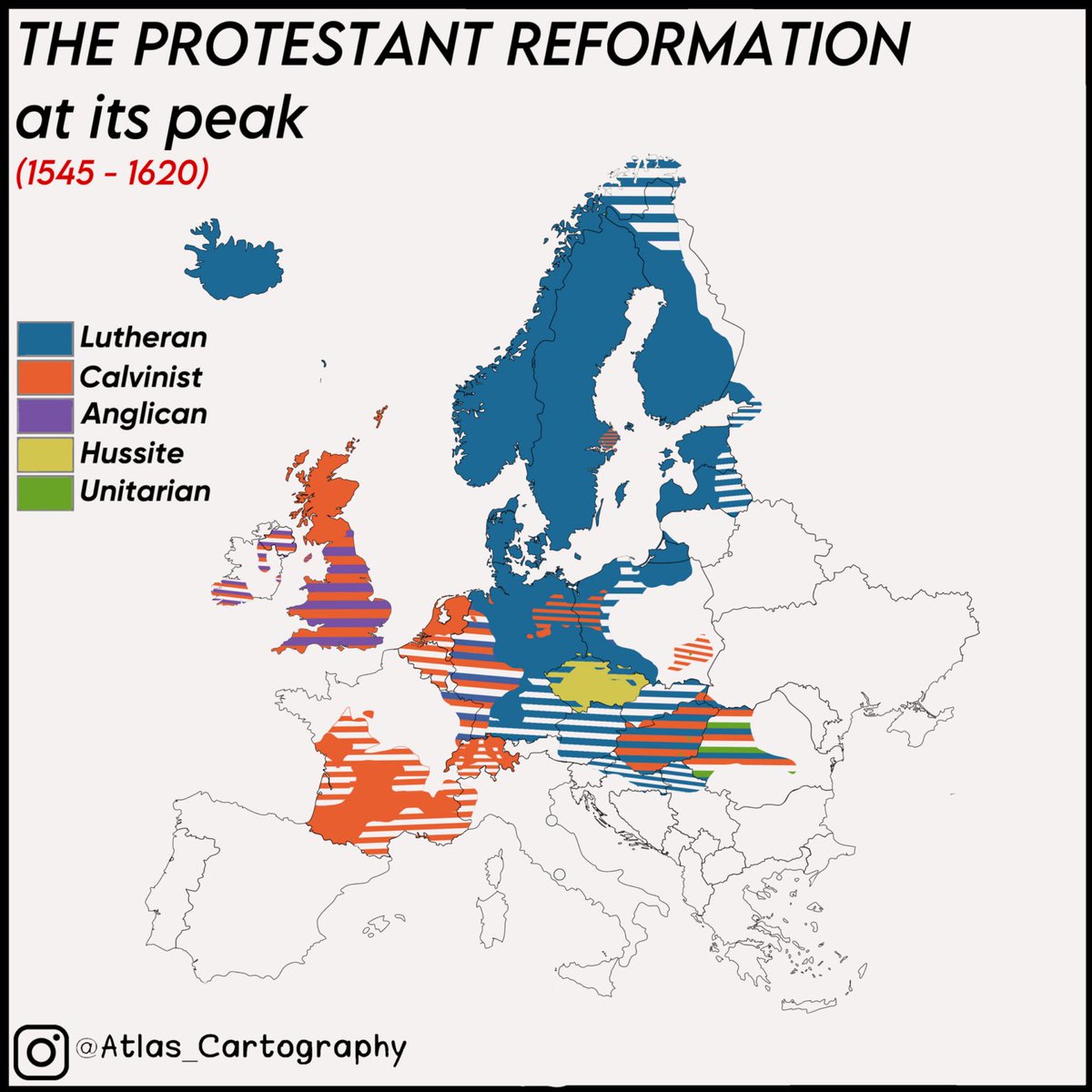 Map shows the spread of the different Protestant denominations at the peak of the Protestant Reformation, (around 1545-1620).