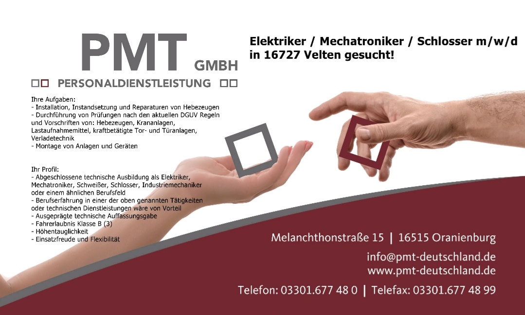 Hallo wir suchen #schlosser #elektriker #mechatroniker in #velten 

Schickt uns eure #bewerbung an
bewerbung@pmt-deutschland.de 

#pmt #pmt_personal #pmtgmbh #potsdam
#jobs #jobsuche #jobsohv #jobsoberhavel
#berlin #jobs #jobsuche #berlinjobs #jobsinberlin