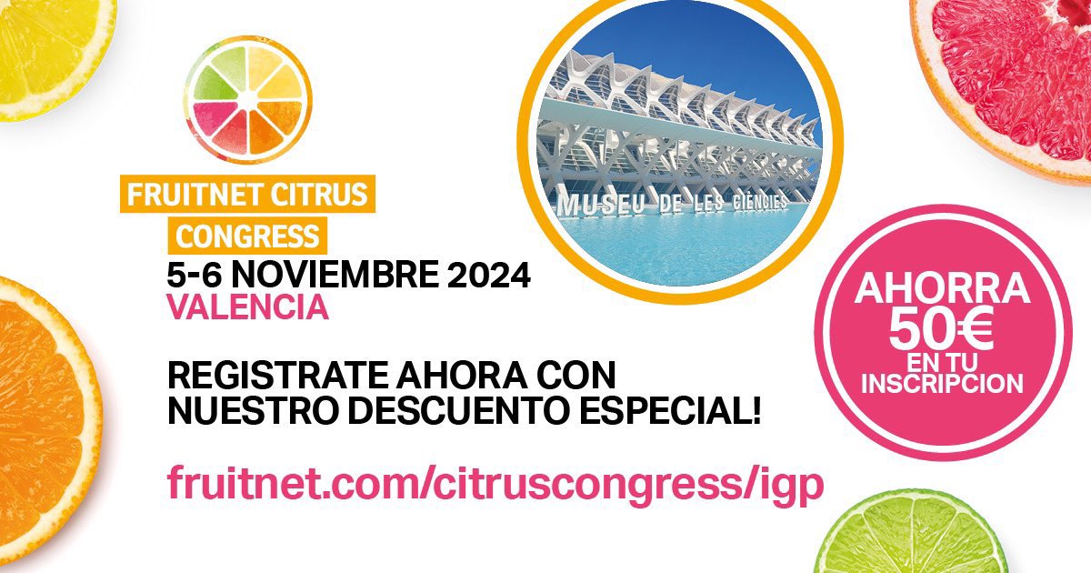 En breve nos encontramos en Fruitnet Citrus Congress. Participamos en cita internacional del sector citrícola. 5 de noviembre en #Valencia.  Aquí puedes inscribirte  y aprovechar el descuento.

fruitnet.com/citruscongress…

#citruscongress