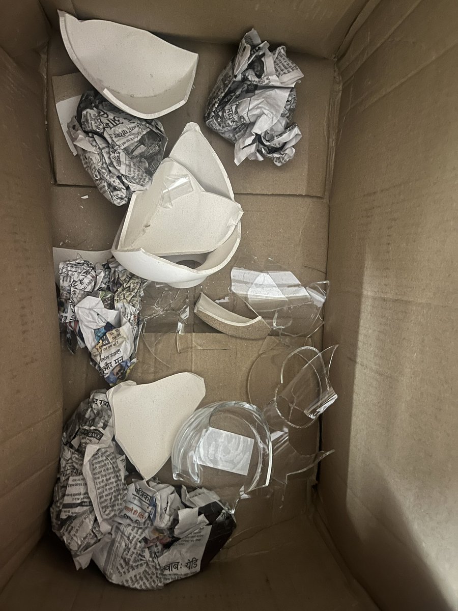 Anyakapoor11's tweet photo. Hand Down to the worst delivery service ever by @delhivery. Look how they have smashed the box and broke all my vases inside it. First they did the 3 days late pickup then 3 days late delivery. And now they are complaining my packaging was not good and we do not ship fragile item https://t.co/aL4giGInbs