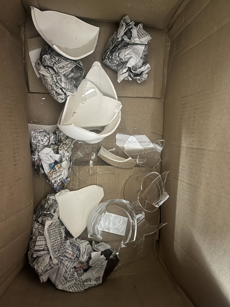 Anyakapoor11's tweet photo. Hand Down to the worst delivery service ever by @delhivery. Look how they have smashed the box and broke all my vases inside it. First they did the 3 days late pickup then 3 days late delivery. And now they are complaining my packaging was not good and we do not ship fragile item https://t.co/aL4giGInbs