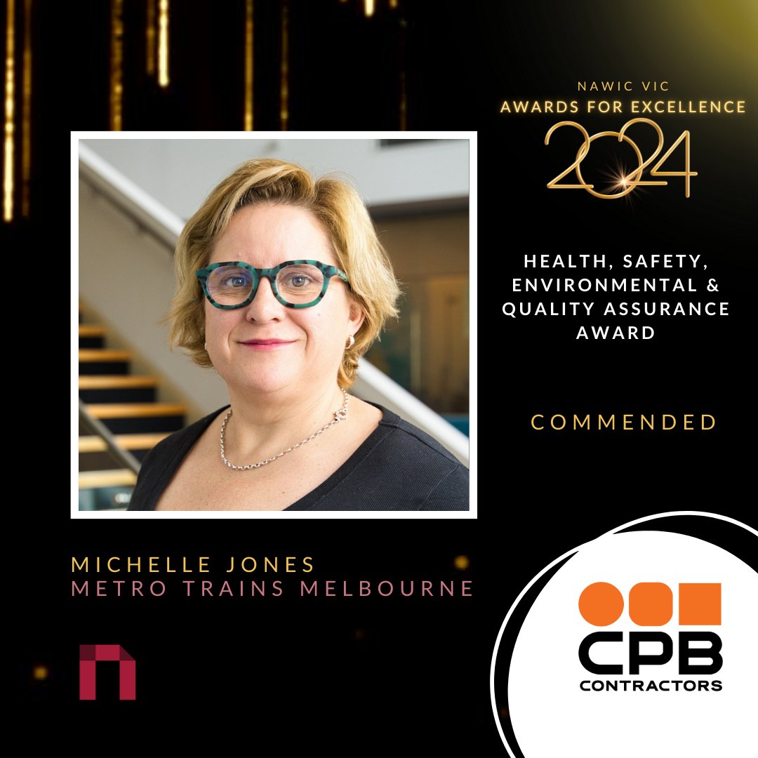 NAWICVIC's tweet photo. Congratulations Rebecca Valkan, John Holland, North Western Program Alliance

WINNER: CPB CONTRACTORS HEALTH, SAFETY, ENVIRONMENTAL &amp; QUALITY ASSURANCE AWARD 

COMMENDATIONS: Kristine Doutsis and Michelle Jones

#womeninconstruction #NAWIC #NAWICVIC #NAWICAwards2024 #countherin https://t.co/UJAckojazB