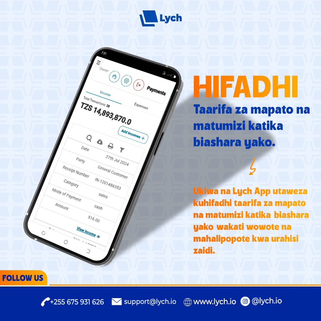 lych_app's tweet photo. ➡Usiruhusu Hasara kwenye Biashara yako.💰
➡Lych inakupa mfumo sahihi wa kuhifadhi Taarifa za Biashara yako.
➡Usimamizi wa Biashara kidigitali zaidi📱
➡ Download App ya Lych sasa ubadili ufanisi wa Biashara yako
↪ https://t.co/t0aoGoCeYB
#LychApp https://t.co/AHeYjjThoT