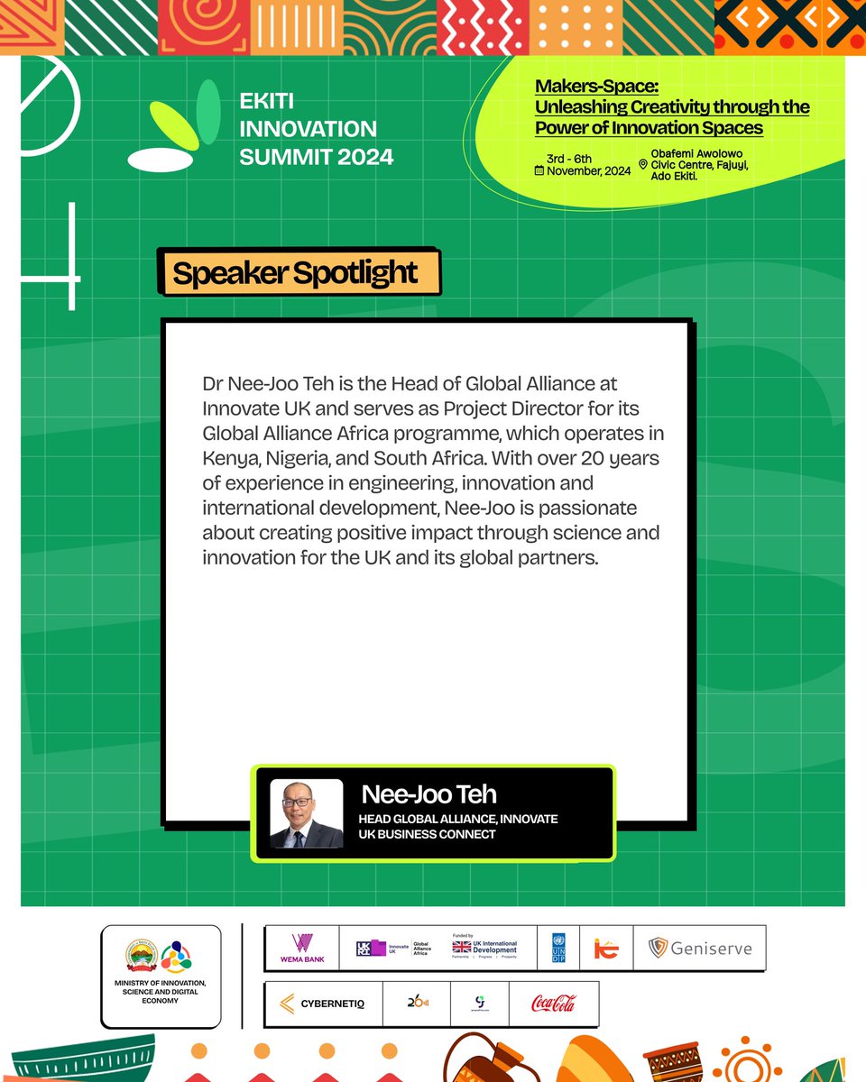 🎤 SPOTLIGHTING EKITI INNOVATION SUMMIT &amp; FESTIVAL 2024 SPEAKERS

🌐Nee-Joo Teh
Head Global Alliance, 
Innovate UK 🇬🇧, Business Connect  

🗓️ Date: 3rd - 6th November, 2024
🕘 Time: 9AM Daily 
📍 Venue: Obafemi Awolowo Civic Centre, Fajuyi, Ado Ekiti