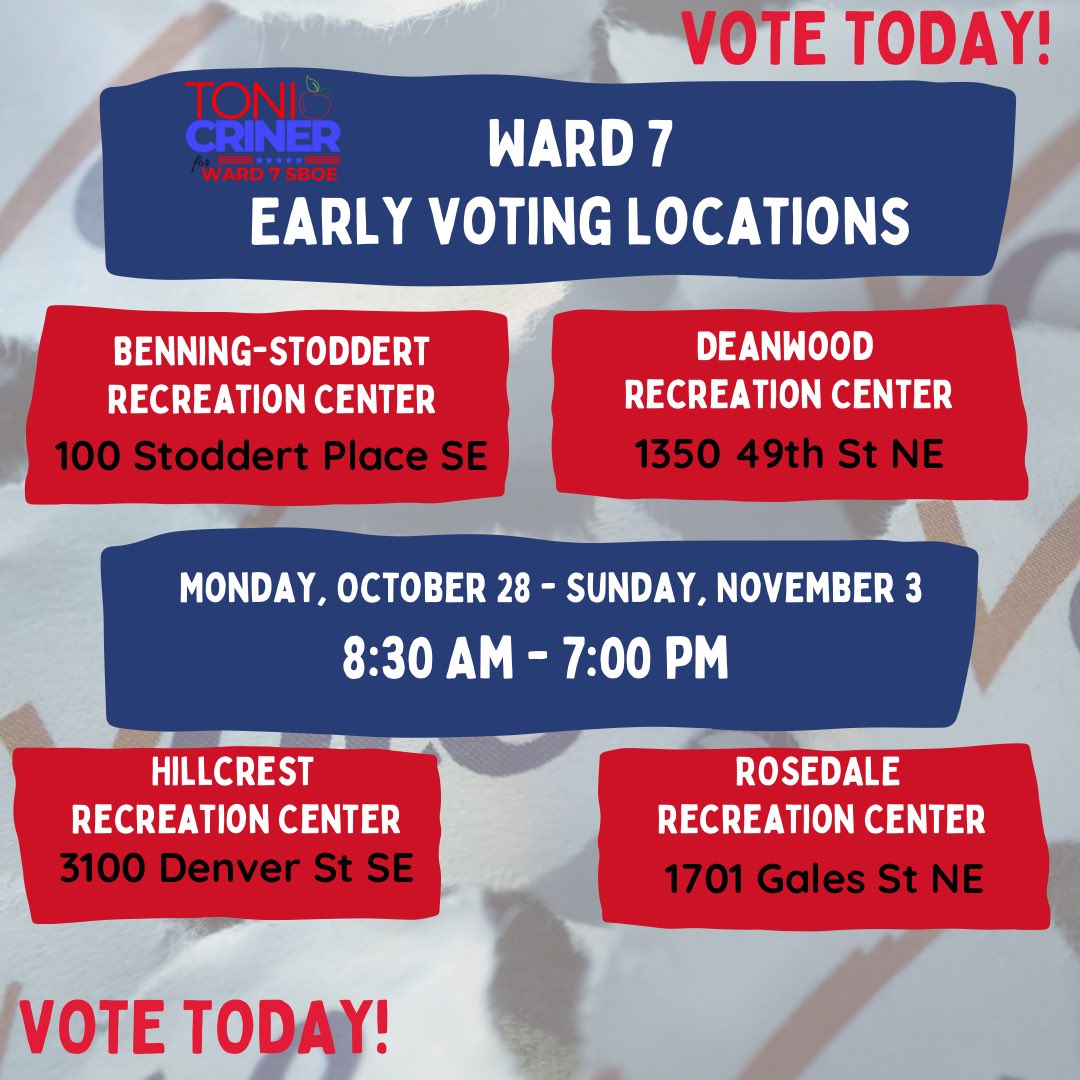 🗣 IN-PERSON VOTING STARTS TODAY 🗳️

Vote Toni Criner to be the next Ward 7 State Board of Education Representative. #1 on the ballot 

#ToniCriner #vote #ward7first #ward7 #education