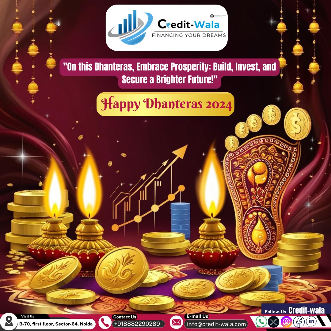Creditwala9's tweet photo. "✨ This *Dhanteras*, let’s welcome wealth that lasts! 🌟 Build, Invest, and Secure your future for a life filled with prosperity and peace. May your financial journey be as bright as the Diwali lights! 💰🌸

Credit-wala financial services
B-70, First floor, Sector-64,
Noida UP. https://t.co/ErdIZ5Hbvj