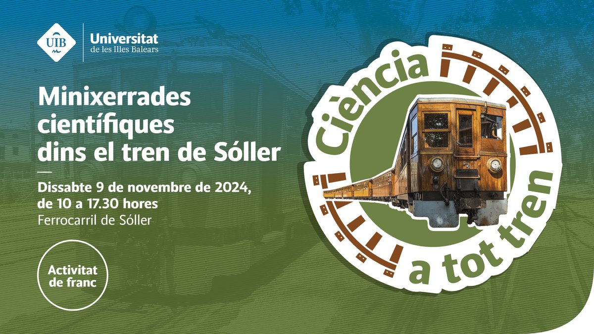 Universitat de les Illes Balears - UIB (@uibuniversitat) on Twitter photo @CulturaUIB @cooperacioUIB <a href="/BibliotecaUIB/">Biblioteca de la UIB</a> <a href="/PortUIB/">PortUIB</a> <a href="/FUEIB/">FUEIB</a> <a href="/OIO_IgualtatUIB/">Oficina Igualtat UIB</a> 🛤️Torna #Ciència a tot tren!
🗣️Vine a la ruta de microxerrades de #DivulgacióCientífica a bord del #TrenDeSóller!
Amb visites guiades al <a href="/MUCBOsoller/">MUCBO | Jardí Botànic -Museu de Ciències Naturals</a> i al <a href="/MaritimMallorca/">Museu Marítim de Mallorca</a>.
<a href="/InvestigacioUIB/">InvestigacióUIB</a> <a href="/FECYT_Ciencia/">FECYT</a>
🔗 Més informació i inscripcions a: culturacientifica.uib.cat/Projectes/2024… @CulturaUIB @cooperacioUIB <a href="/BibliotecaUIB/">Biblioteca de la UIB</a> <a href="/PortUIB/">PortUIB</a> <a href="/FUEIB/">FUEIB</a> <a href="/OIO_IgualtatUIB/">Oficina Igualtat UIB</a> 🛤️Torna #Ciència a tot tren!
🗣️Vine a la ruta de microxerrades de #DivulgacióCientífica a bord del #TrenDeSóller!
Amb visites guiades al <a href="/MUCBOsoller/">MUCBO | Jardí Botànic -Museu de Ciències Naturals</a> i al <a href="/MaritimMallorca/">Museu Marítim de Mallorca</a>.
<a href="/InvestigacioUIB/">InvestigacióUIB</a> <a href="/FECYT_Ciencia/">FECYT</a>
🔗 Més informació i inscripcions a: culturacientifica.uib.cat/Projectes/2024…
