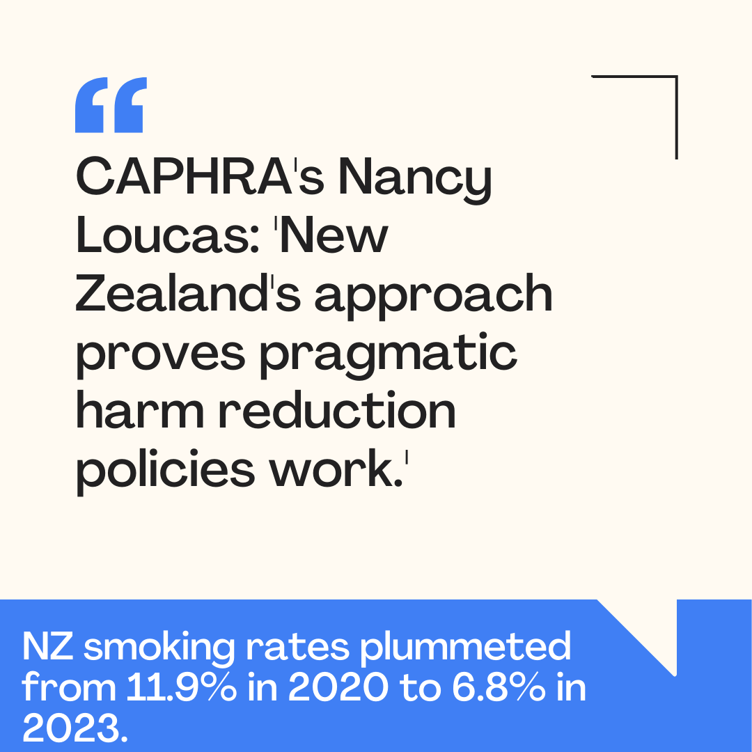 CAPHRA's Nancy Loucas: 'New Zealand's approach proves pragmatic harm reduction policies work.' NZ smoking rates plummeted from 11.9% in 2020 to 6.8% in 2023. #SmokeFree bit.ly/3BWKRv9