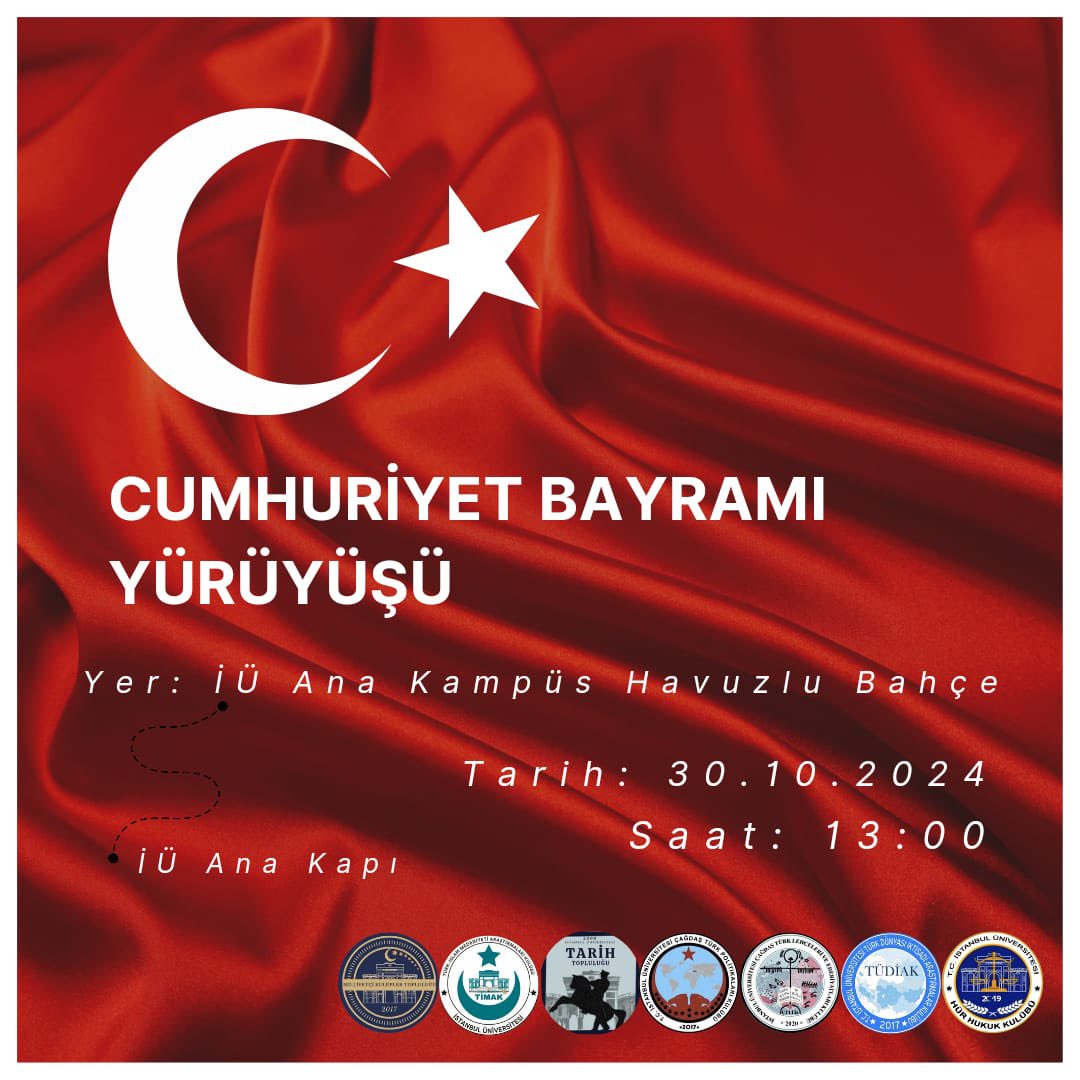 Çağdaş Türk Politikaları Kulübü olarak Cumhuriyetimizin 101. yılını kutlamak üzere 30.10.2024 tarihinde Cumhuriyet Bayramı Yürüyüşü gerçekleştireceğiz.
Tüm sıra arkadaşlarımızı yürüyüşümüze davet ediyoruz.🇹🇷

Saat: 13.00