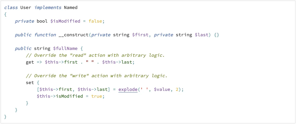 A screenshot of a code snippet from the PHP documentation showing the implementation of property hooks, with an example of a setter that sets the first and last name by splitting up the full name based on spaces.