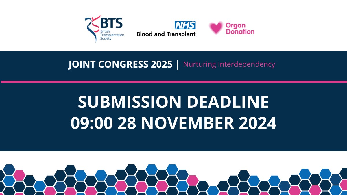 BTS (@btstransplant) on Twitter photo Abstract submission deadline reminder - ONE MONTH REMAINING! 📢
Guidelines for submitting papers and abstracts can be found here: bts.org.uk/events-meeting…
<a href="/NHSOrganDonor/">NHS Organ Donation💗🫀🫁</a> <a href="/BTPTSociety/">BTPT</a> <a href="/herricksociety/">The Herrick Society</a> <a href="/ESOTtransplant/">ESOTtransplant</a> #BTScongress Abstract submission deadline reminder - ONE MONTH REMAINING! 📢
Guidelines for submitting papers and abstracts can be found here: bts.org.uk/events-meeting…
<a href="/NHSOrganDonor/">NHS Organ Donation💗🫀🫁</a> <a href="/BTPTSociety/">BTPT</a> <a href="/herricksociety/">The Herrick Society</a> <a href="/ESOTtransplant/">ESOTtransplant</a> #BTScongress