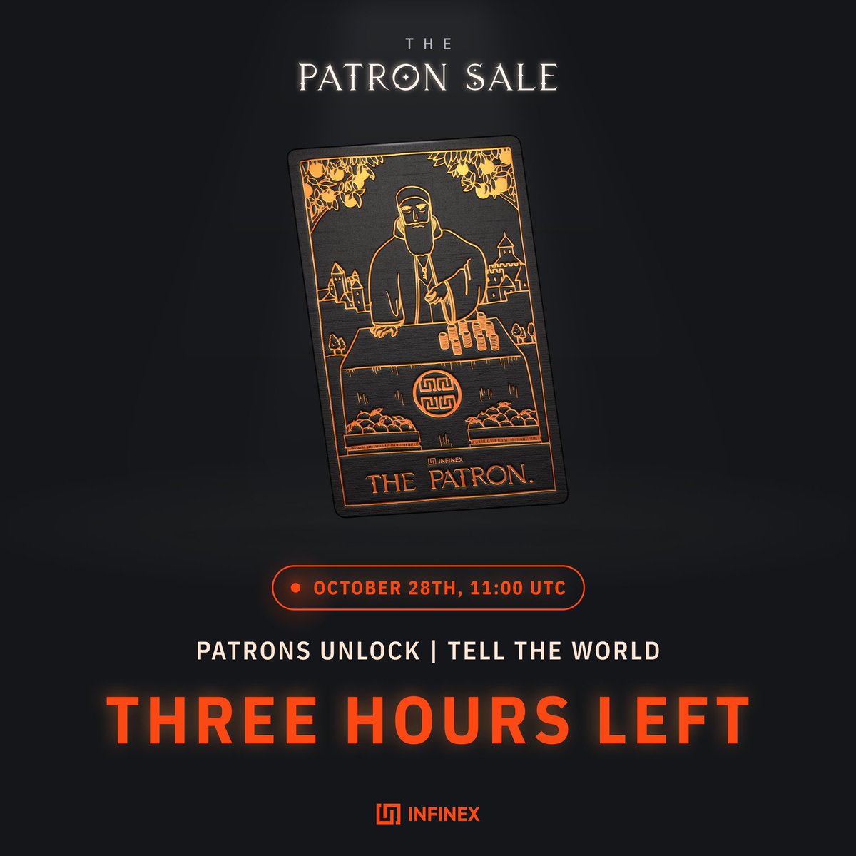 infinex's tweet photo. Three. Hours. Left.

Unlocked Patrons will soon be available. Learn more at https://t.co/2rX4G2DYM9

To celebrate the launch, join the Patron NFT giveaway below ⤵️ https://t.co/Fly4SdlWyj