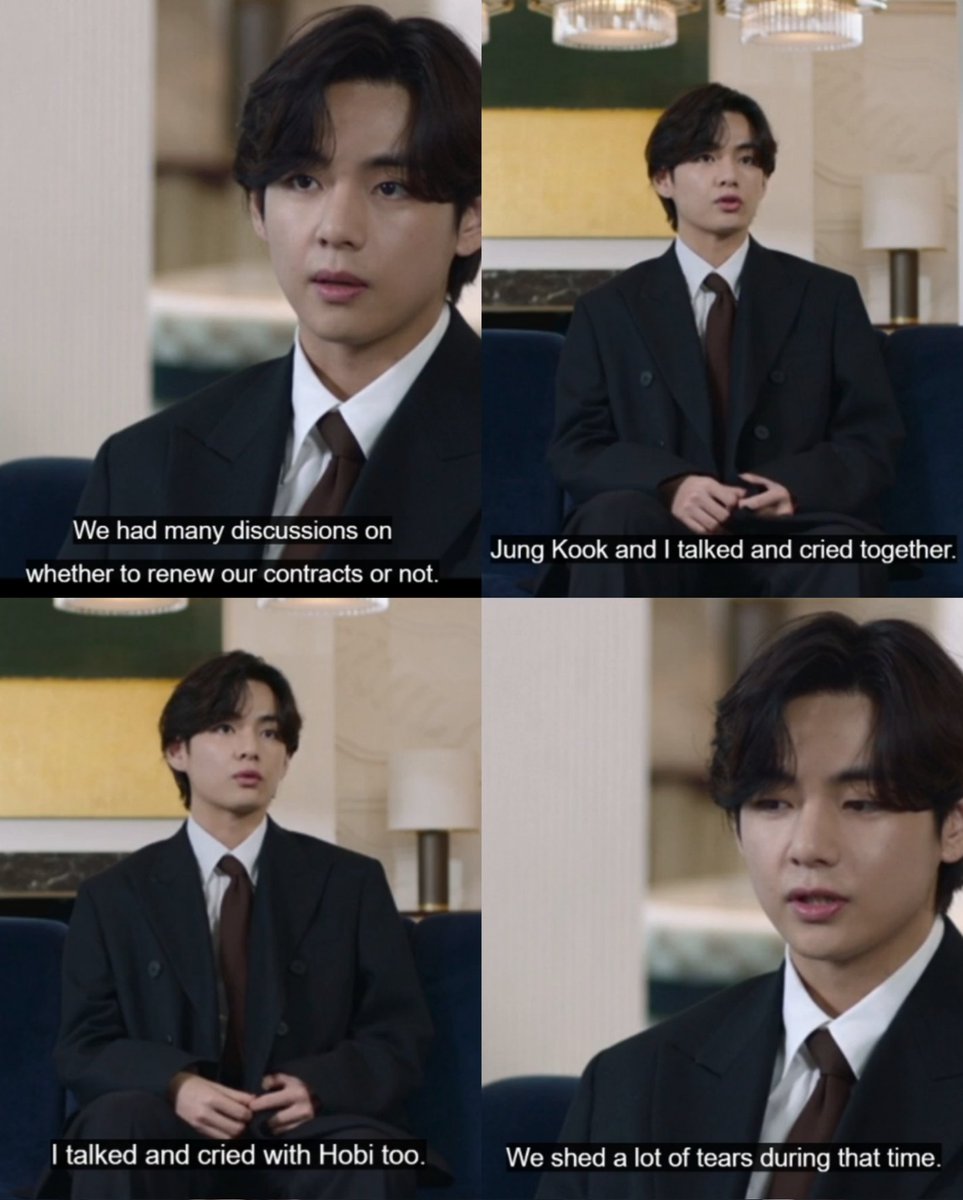 Mybabythvk's tweet photo. Taehyung "kami telah melakukan diskusi tentang memperpanjang kontrak atau tidak, Jungkook dan aku  berbicara dan menangis bersama, aku berbicara dan menangis dengan JHope juga, kami menghabiskan banyak air mata pada waktu itu"
. 
Makin nangis liat ini sekrang 😭💪🏻 https://t.co/T3yLkAfA4G