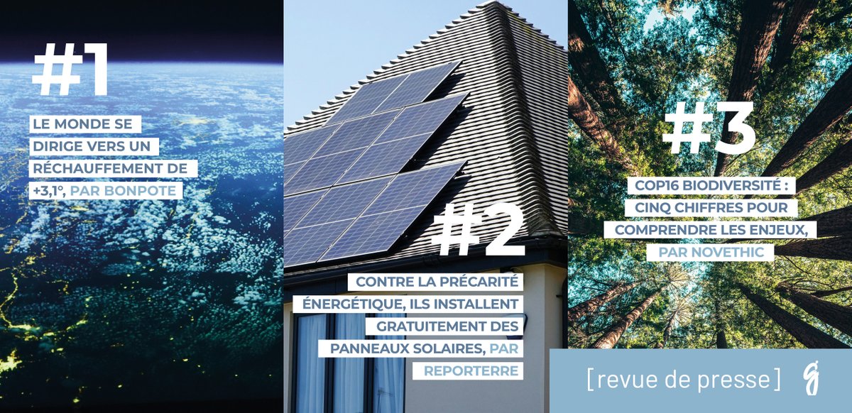 [#100Transitions] Les actus de la semaine :

🌍 Vers un réchauffement de 3,1° 👉 bonpote.com/le-monde-se-di… 

⚡Ils et elles installent gratuitement des panneaux solaires 👉 reporterre.net/Contre-la-prec… 

🐛 COP16  : Cinq chiffres pour comprendre les enjeux 👉 novethic.fr/environnement/…