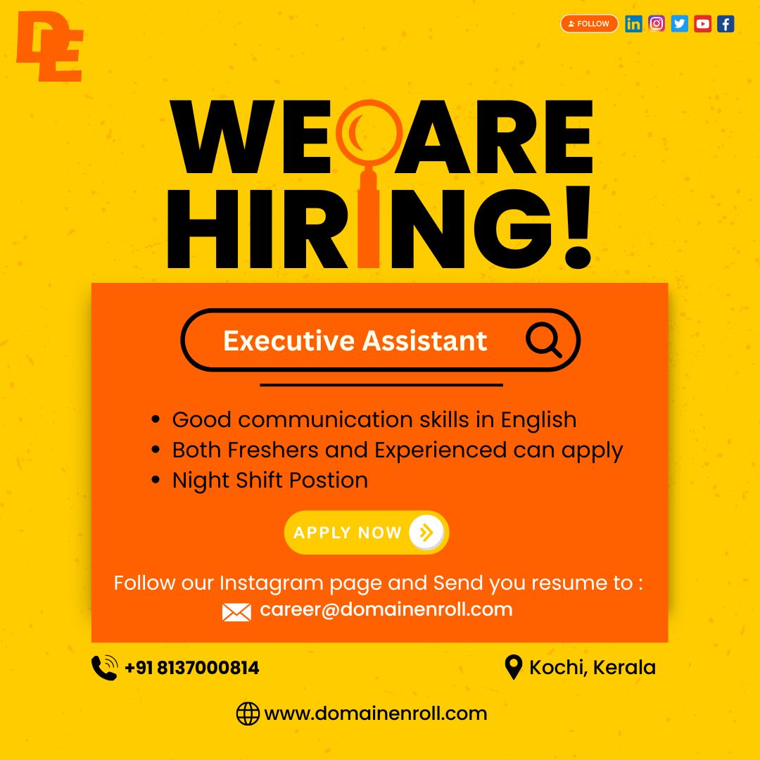 DomainEnroll's tweet image. Join our dynamic team at DomainEnroll as a Executive Assistant! Elevate your career while supporting our vision and driving success. Apply now and be a key player in our journey towards excellence.
.
.
Visit us : domainenroll.com
.
#hiring #job #jobvacancy #jobopenings