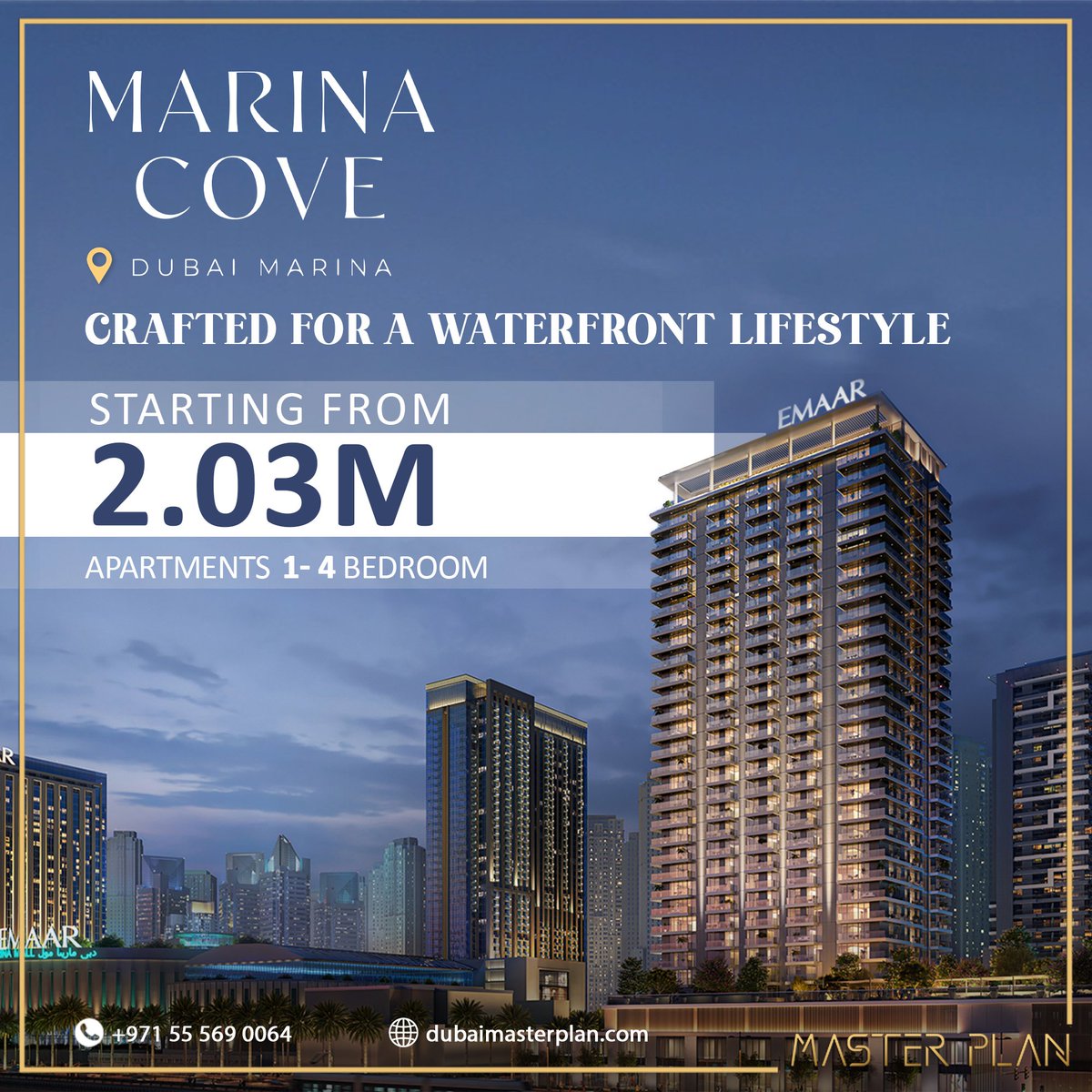 MasterPlanDubai's tweet photo. Emaar Marina Cove:
- Location: Dubai Marina
- Units Type 1 to 4-bedroom apartments
- Payment Plan: 90/10 (Down Payment: 10%)
- Handover: 2029
- Starting Prices AED 2,030,000

For more information:
📞 +971 55 569 0064
https://t.co/MCWhD8cES5

#emaar #emaarproperties #Marinacove https://t.co/C32KqUAME1