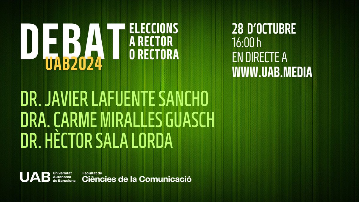 🚨 Avui, debat electoral entre les candidatures a rector o rectora de la #UAB.

🕖 16 h
📌 En directe a uab.media
👉 seuelectronica.uab.cat/eleccions-rect…

#eleccionsUAB <a href="/UABmedia/">UABmèdia</a> <a href="/uabcomunicacio/">Facultat de Ciències de la Comunicació UAB</a>