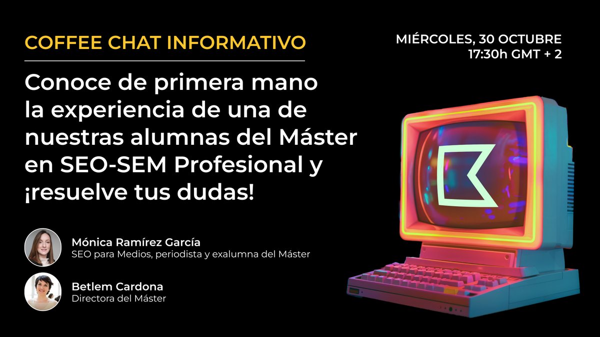 📢 El 30 de octubre a las 17:30h estaremos con <a href="/Betlem_/">Betlem Cardona</a>, directora de nuestro máster en #SEO y una ex-alumna hablando sobre la experiencia de estudiar con nosotros y resolviendo dudas. 

Apúntate aquí: kschool.com/comunidad/even…

#KSchool