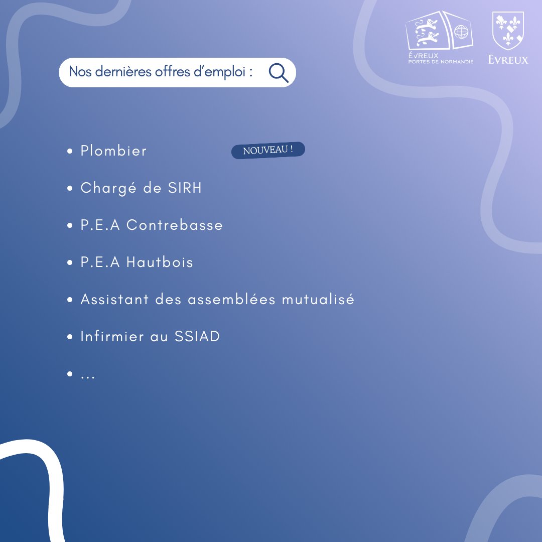 [#EMPLOI]

#Evreux et #aggloevreux recrutent !

&gt; Nouvelle offre : Plombier

&gt; Offres en cours : Chargé de SIRH / P.E.A Contrebasse / Infirmier au SSIAD / Infirmier en EHPAD / ...

👉 Pour postuler, envoyez votre CV et lettre de motivation ⤵️
evreuxportesdenormandie.fr/285-evreux-por…

#offreemploi