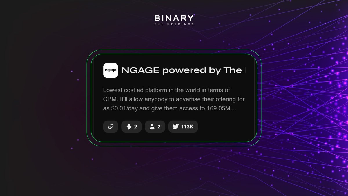 thebinaryhldgs's tweet image. A platform where your posts have possibility to reach 169 million users for as low as $0.01/day.

Want to be a part of it? Participate now: zealy.io/cw/ngagepowere…