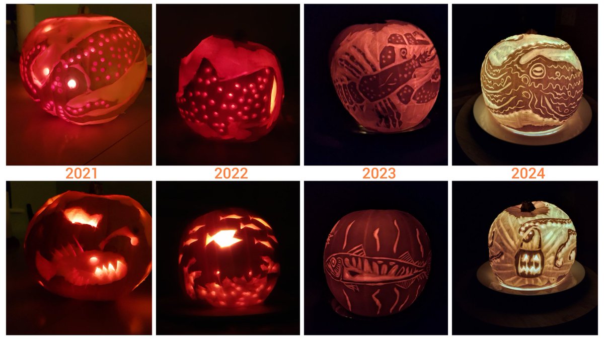 fishscienceart's tweet photo. Halloween is a perfect way to get creative with some marine animals in 3D! Here are the last 4 years...
2021 Giant Squid/Anglerfish
2022 Whaleshark/ Manta/ Crab
2023 Lobster/ Mackerel 
2024 Jack Octo-Lantern https://t.co/dJ4DHi4ZQv